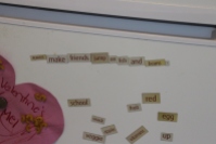 While Mel made pastry, Laura made funny sentences on the fridge.